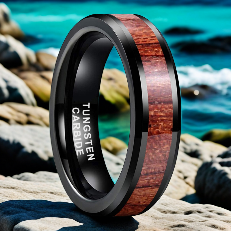 Nautical Voyage Ring - 6mm/8mm Black Tungsten Nautical Wood Men's Wedding Band