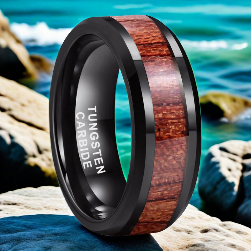 Nautical Voyage Ring - 6mm/8mm Black Tungsten Nautical Wood Men's Wedding Band