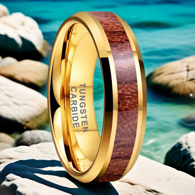 Nautical Voyage Ring - 6mm/8mm 18K Gold-Plated Nautical Wood Men's Wedding Band