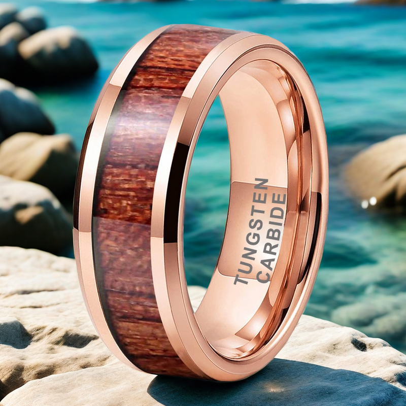 Nautical Voyage Ring - 6mm/8mm Rose Gold-Plated Nautical Wood Men's Wedding Band