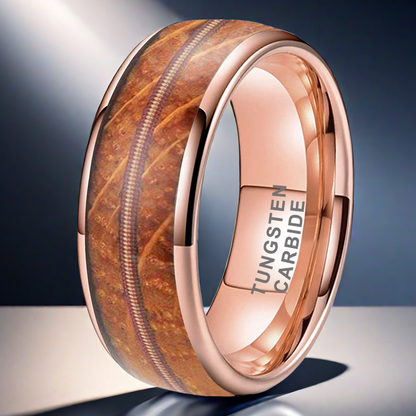 Musical Soul Ring - 8mm Rose Gold-Plated Tungsten Reclaimed Guitar Wood and String Men's Wedding Band