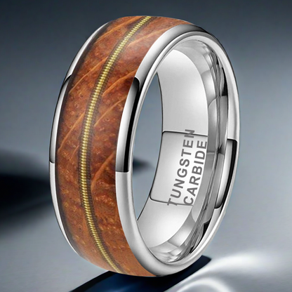 Musical Soul Ring - 8mm Platinum-Plated Tungsten Reclaimed Guitar Wood and String Men's Wedding Band