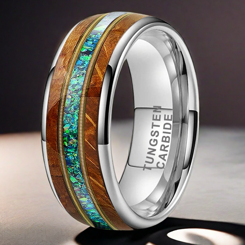 Musical Soul Ring - 8mm Platinum Tungsten Ring with Guitar Wood Inlay, Dual Strings & 3A Green Opal – Men's Wedding Band