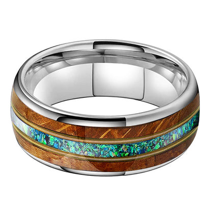 Musical Soul Ring - 8mm Platinum Tungsten Ring with Guitar Wood Inlay, Dual Strings & 3A Green Opal – Men's Wedding Band