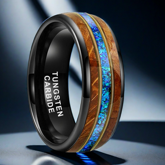 Musical Soul Ring - 8mm Black Tungsten Ring with Guitar Wood Inlay, Dual Strings & 3A Blue Opal – Men's Wedding Band