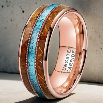 Musical Soul Ring - 8mm Rose Gold Tungsten Ring with Guitar Wood Inlay, Dual Guitar Strings & Turquoise - Men's Wedding Band