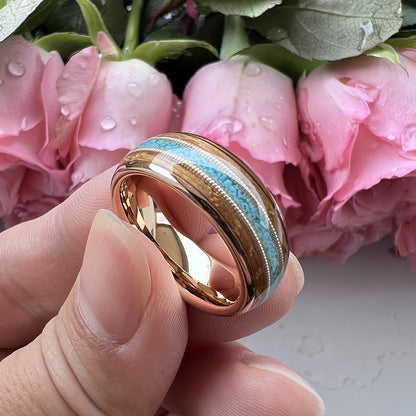 Musical Soul Ring - 8mm Rose Gold Tungsten Ring with Guitar Wood Inlay, Dual Guitar Strings & Turquoise - Men's Wedding Band