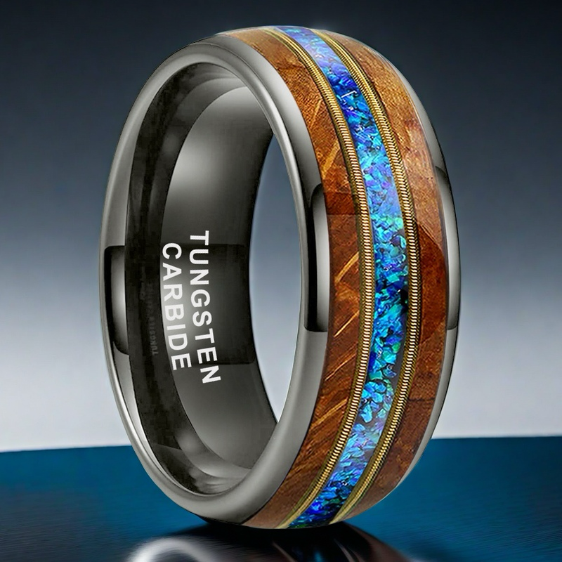 Musical Soul Ring - 8mm Gunmetal Tungsten Ring with Guitar Wood Inlay, Dual Strings & 3A Blue Opal – Men's Wedding Band