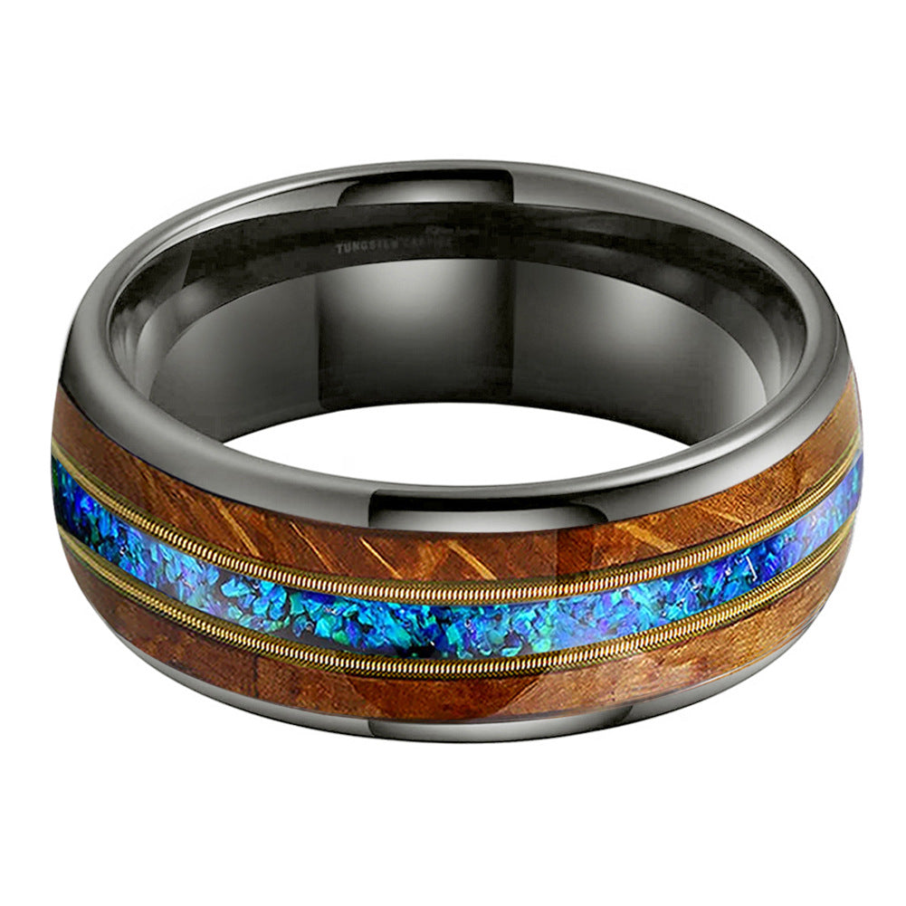 Musical Soul Ring - 8mm Gunmetal Tungsten Ring with Guitar Wood Inlay, Dual Strings & 3A Blue Opal – Men's Wedding Band