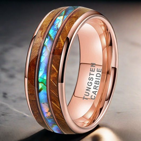 Musical Soul Ring - 8mm Rose Gold-Plated Tungsten Ring with Guitar Wood Inlay, Dual Strings & Shell Accents – Men's Wedding Band