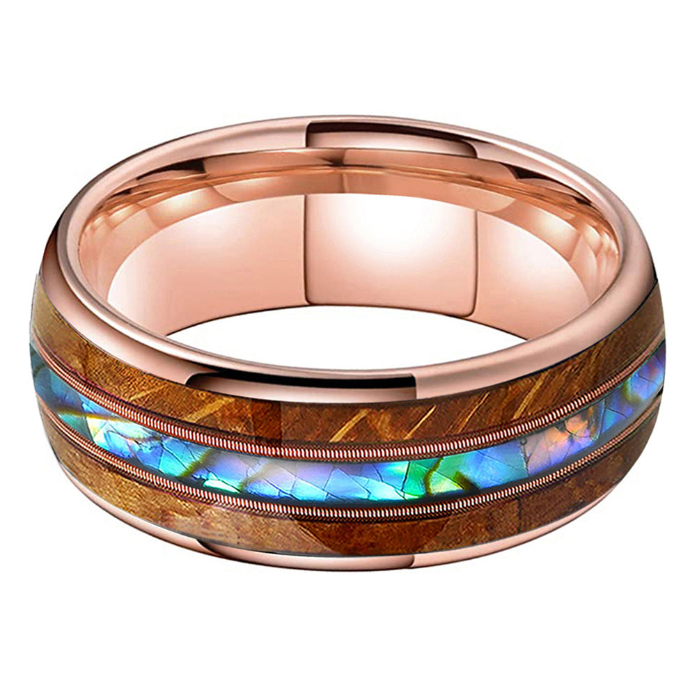 Musical Soul Ring - 8mm Rose Gold-Plated Tungsten Ring with Guitar Wood Inlay, Dual Strings & Shell Accents – Men's Wedding Band