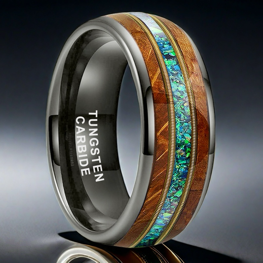 Musical Soul Ring - 8mm Gunmetal Tungsten Ring with Guitar Wood Inlay, Dual Strings & 3A Green Opal – Men's Wedding Band