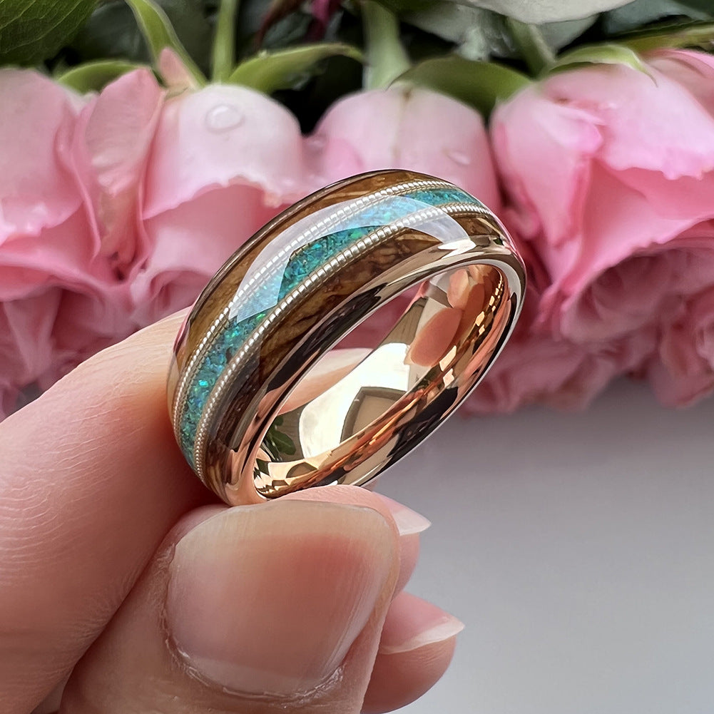 Musical Soul Ring - 8mm Rose Gold Tungsten Ring with Guitar Wood Inlay, Dual Strings & 3A Green Opal – Men's Wedding Band