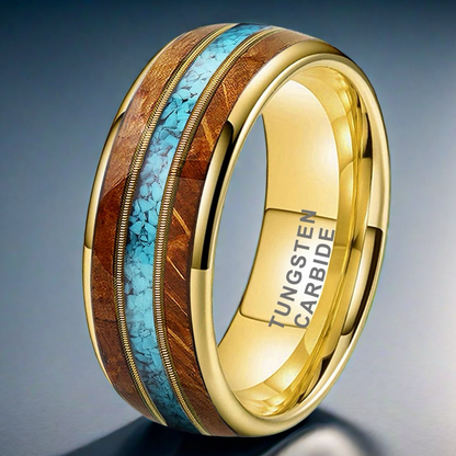 Musical Soul Ring - 8mm 18K Gold-Plated Tungsten Ring with Guitar Wood Inlay, Dual Guitar Strings & Turquoise - Men's Wedding Band