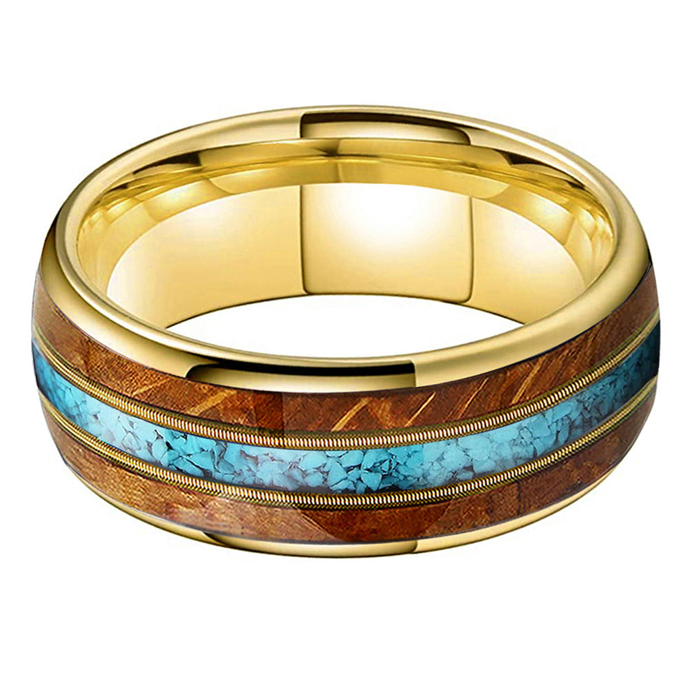 Musical Soul Ring - 8mm 18K Gold-Plated Tungsten Ring with Guitar Wood Inlay, Dual Guitar Strings & Turquoise - Men's Wedding Band