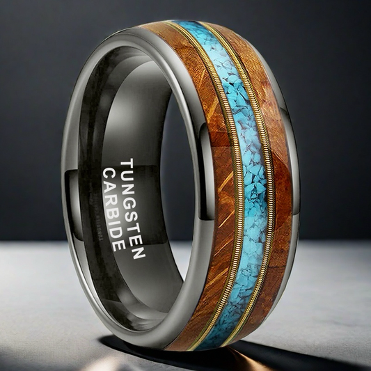 Musical Soul Ring - 8mm Gunmetal Tungsten Ring with Guitar Wood Inlay, Dual Guitar Strings & Turquoise - Men's Wedding Band