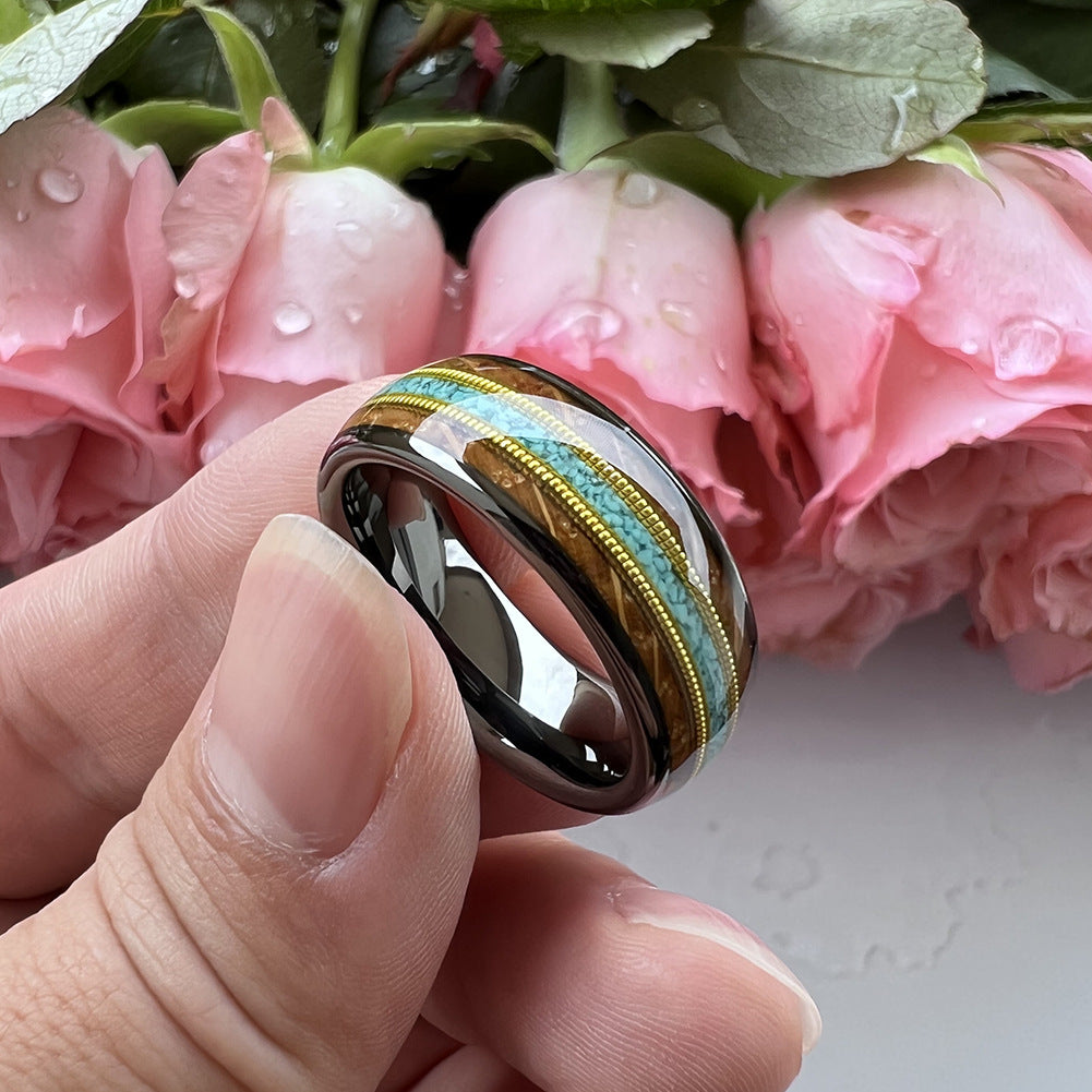 Musical Soul Ring - 8mm Gunmetal Tungsten Ring with Guitar Wood Inlay, Dual Guitar Strings & Turquoise - Men's Wedding Band