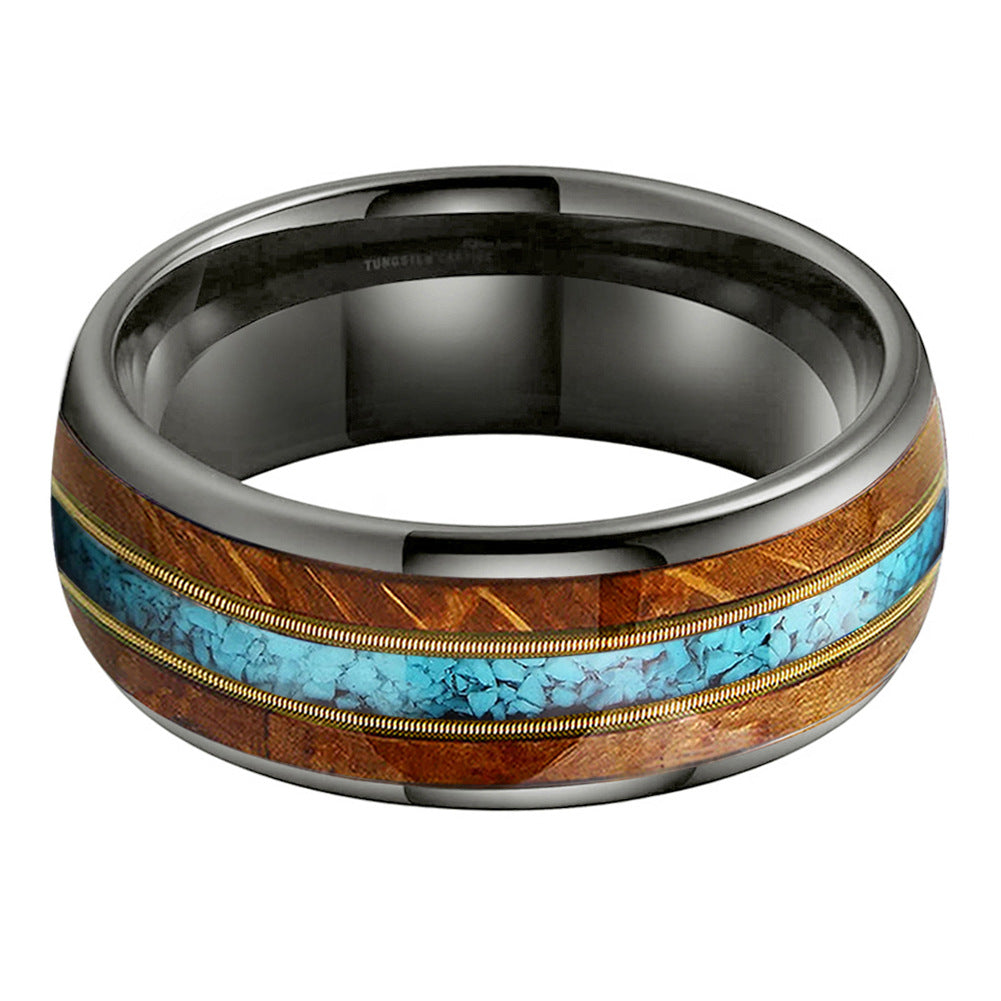 Musical Soul Ring - 8mm Gunmetal Tungsten Ring with Guitar Wood Inlay, Dual Guitar Strings & Turquoise - Men's Wedding Band