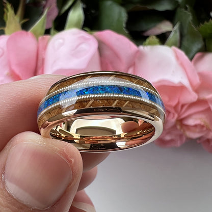 Musical Soul Ring - 8mm Rose Gold Tungsten Ring with Guitar Wood Inlay, Dual Strings & 3A Blue Opal – Men's Wedding Band