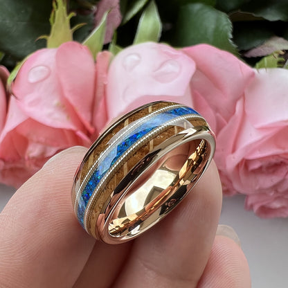 Musical Soul Ring - 8mm Rose Gold Tungsten Ring with Guitar Wood Inlay, Dual Strings & 3A Blue Opal – Men's Wedding Band