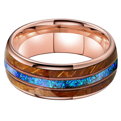 Musical Soul Ring - 8mm Rose Gold Tungsten Ring with Guitar Wood Inlay, Dual Strings & 3A Blue Opal – Men's Wedding Band