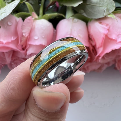 Musical Soul Ring - 8mm White Gold-Plated Tungsten Ring with Guitar Wood Inlay, Dual Guitar Strings & Turquoise - Men's Wedding Band