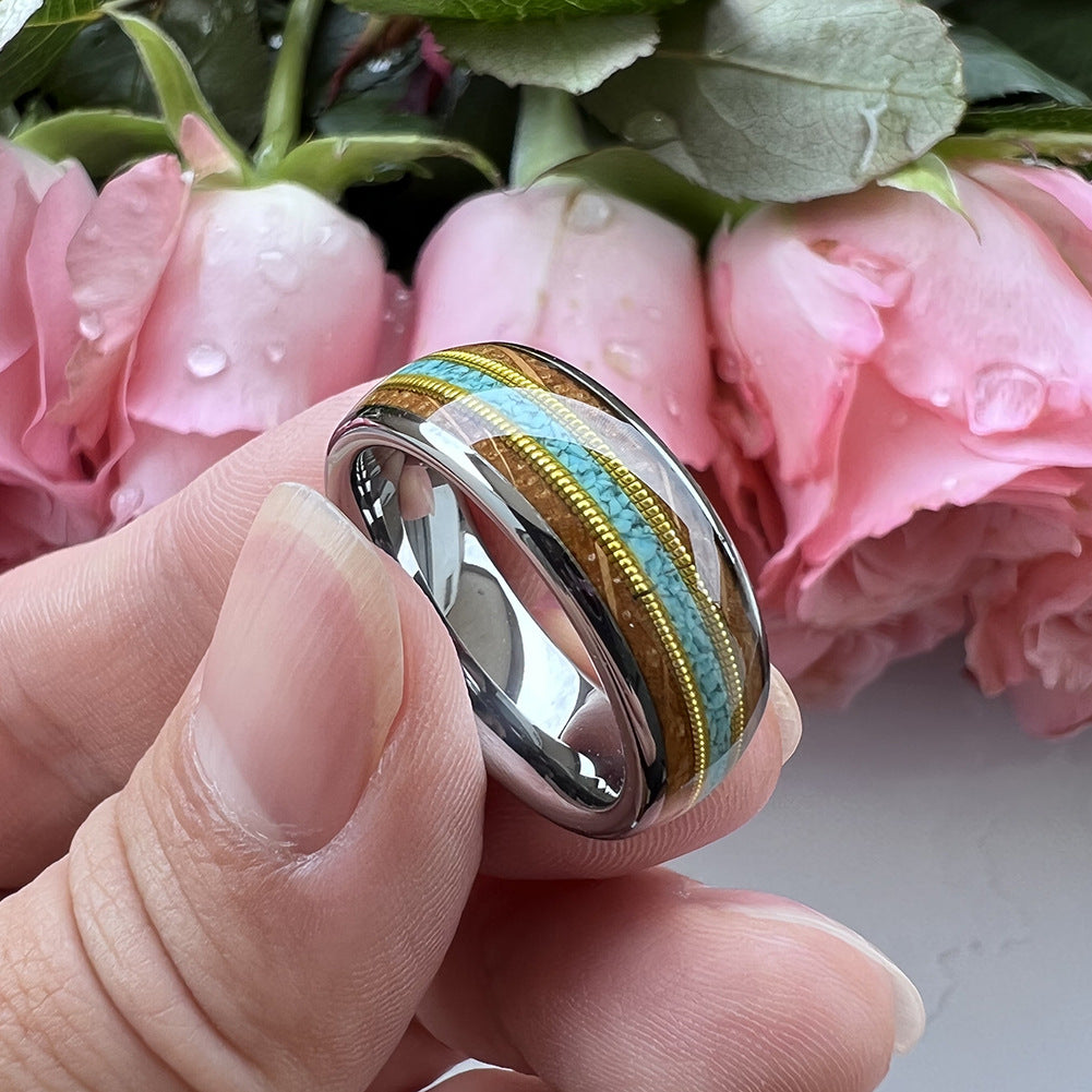 Musical Soul Ring - 8mm White Gold-Plated Tungsten Ring with Guitar Wood Inlay, Dual Guitar Strings & Turquoise - Men's Wedding Band