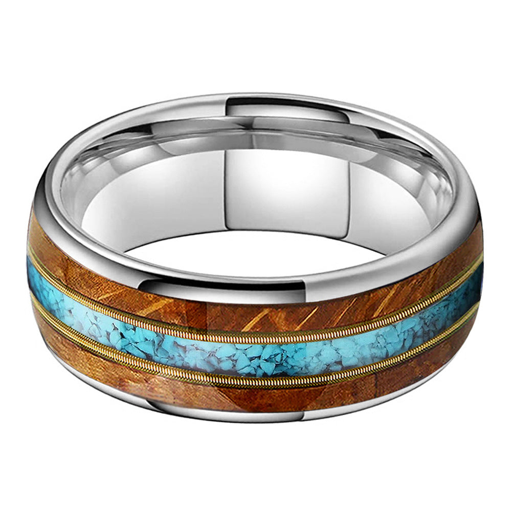 Musical Soul Ring - 8mm White Gold-Plated Tungsten Ring with Guitar Wood Inlay, Dual Guitar Strings & Turquoise - Men's Wedding Band