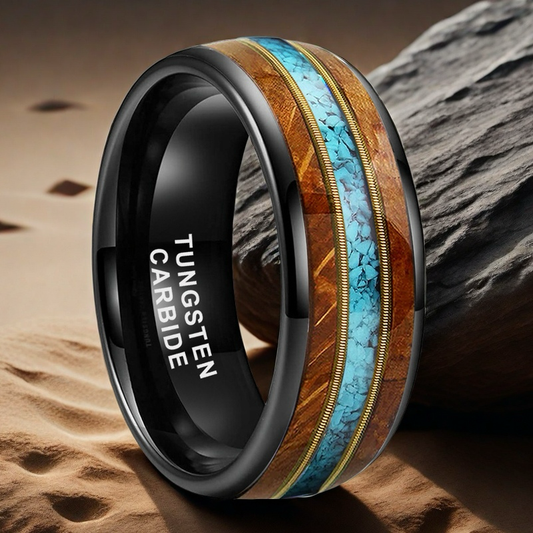 Musical Soul Ring - 8mm Black Tungsten Ring with Guitar Wood Inlay, Dual Guitar Strings & Turquoise - Men's Wedding Band