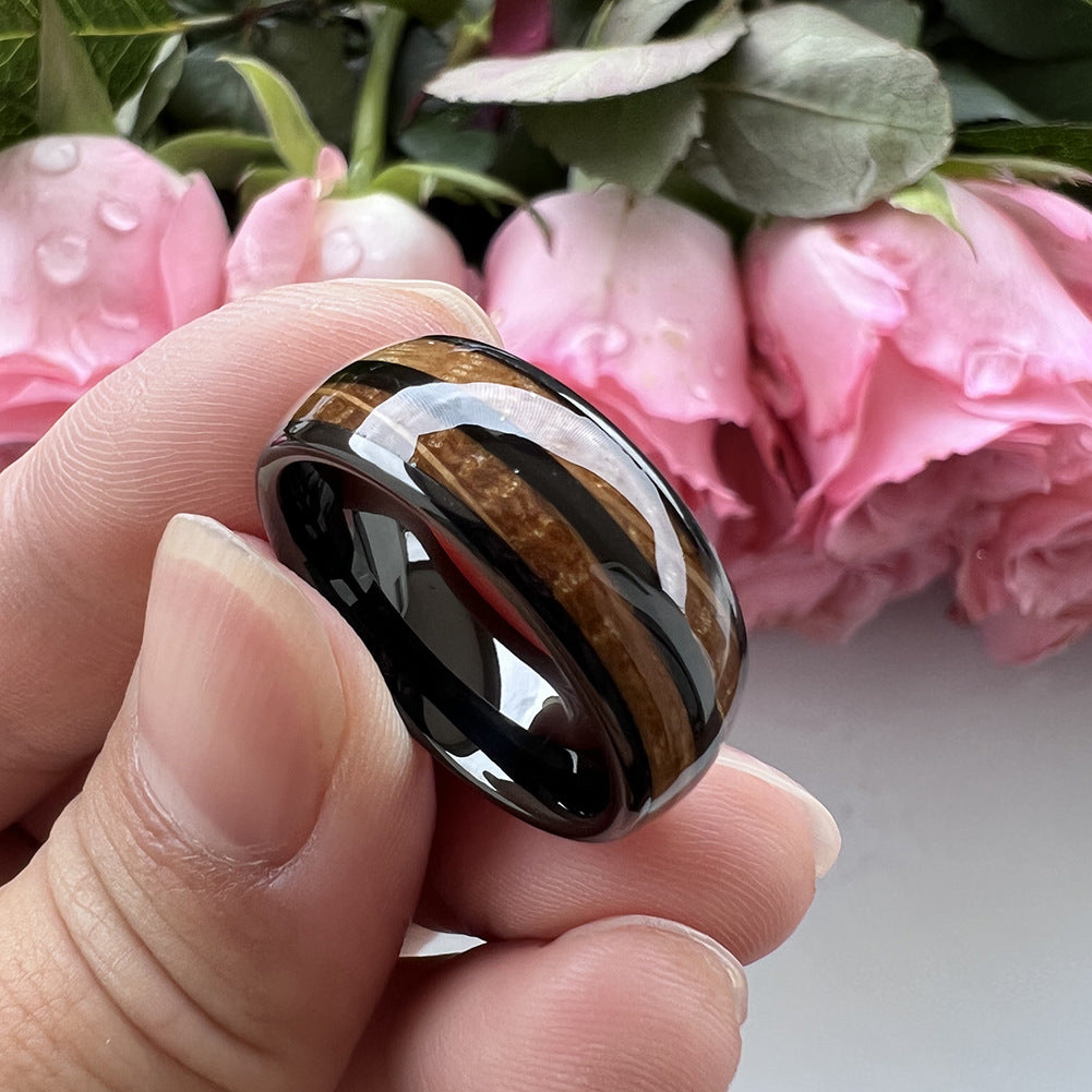 Whiskey Enchantment Ring - 8mm Black Tungsten Ring with Dual Whiskey Barrel Wood Inlay – Men's Wedding Band