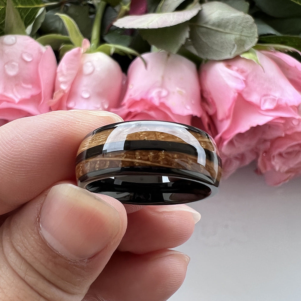 Whiskey Enchantment Ring - 8mm Black Tungsten Ring with Dual Whiskey Barrel Wood Inlay – Men's Wedding Band