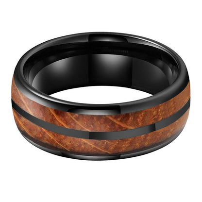 Whiskey Enchantment Ring - 8mm Black Tungsten Ring with Dual Whiskey Barrel Wood Inlay – Men's Wedding Band