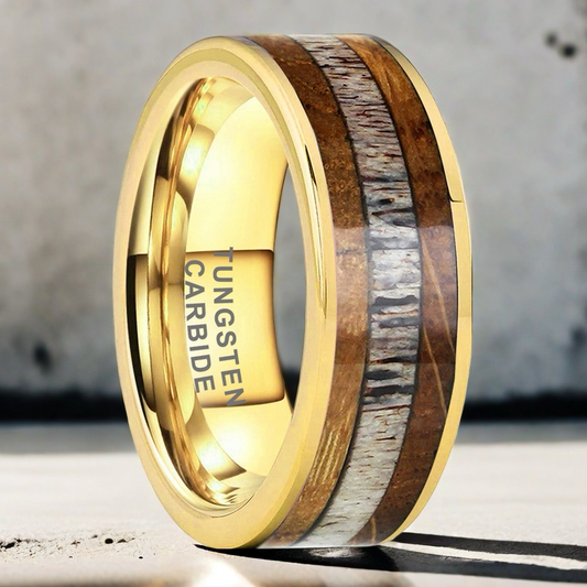 Whiskey Enchantment Ring - 8mm 18K Gold-Plated Tungsten Men's Ring with Whiskey Barrel Wood & Antler Inlay – Unique Wedding Band