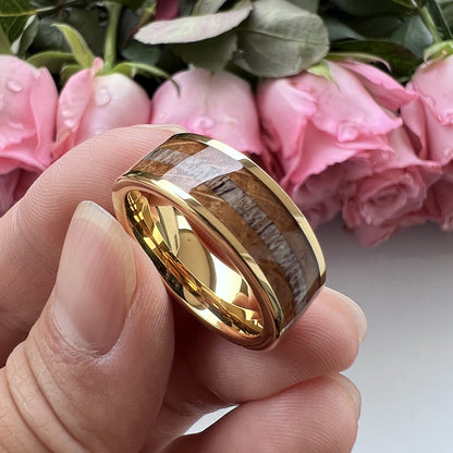 Whiskey Enchantment Ring - 8mm 18K Gold-Plated Tungsten Men's Ring with Whiskey Barrel Wood & Antler Inlay – Unique Wedding Band