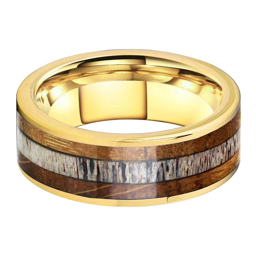 Whiskey Enchantment Ring - 8mm 18K Gold-Plated Tungsten Men's Ring with Whiskey Barrel Wood & Antler Inlay – Unique Wedding Band