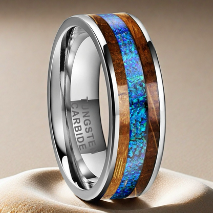 Whiskey Enchantment Ring - 8mm Platinum-Plated Tungsten Men's Ring with Whiskey Barrel Wood Inlay & 3A Blue Opal – Unique Wedding Band