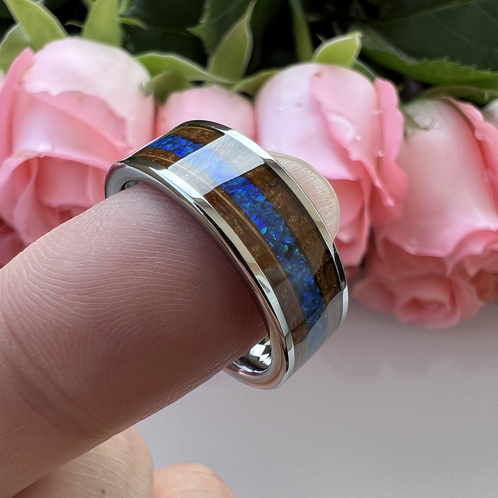 Whiskey Enchantment Ring - 8mm Platinum-Plated Tungsten Men's Ring with Whiskey Barrel Wood Inlay & 3A Blue Opal – Unique Wedding Band