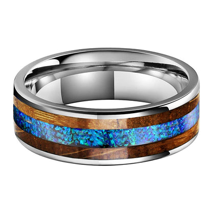 Whiskey Enchantment Ring - 8mm Platinum-Plated Tungsten Men's Ring with Whiskey Barrel Wood Inlay & 3A Blue Opal – Unique Wedding Band