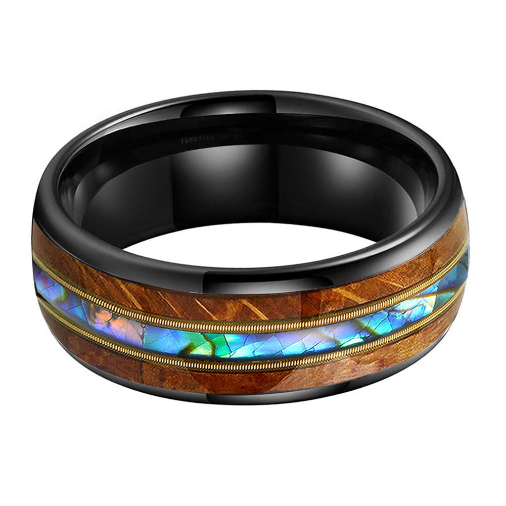 Musical Soul Ring - 8mm Black Tungsten Ring with Guitar Wood Inlay, Dual Strings & Shell Inlay – Men's Wedding Band