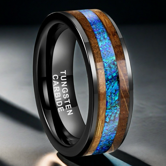 Whiskey Enchantment Ring - 8mm Black Tungsten Men's Ring with Whiskey Barrel Wood Inlay & 3A Blue Opal – Unique Wedding Band