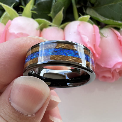 Whiskey Enchantment Ring - 8mm Black Tungsten Men's Ring with Whiskey Barrel Wood Inlay & 3A Blue Opal – Unique Wedding Band