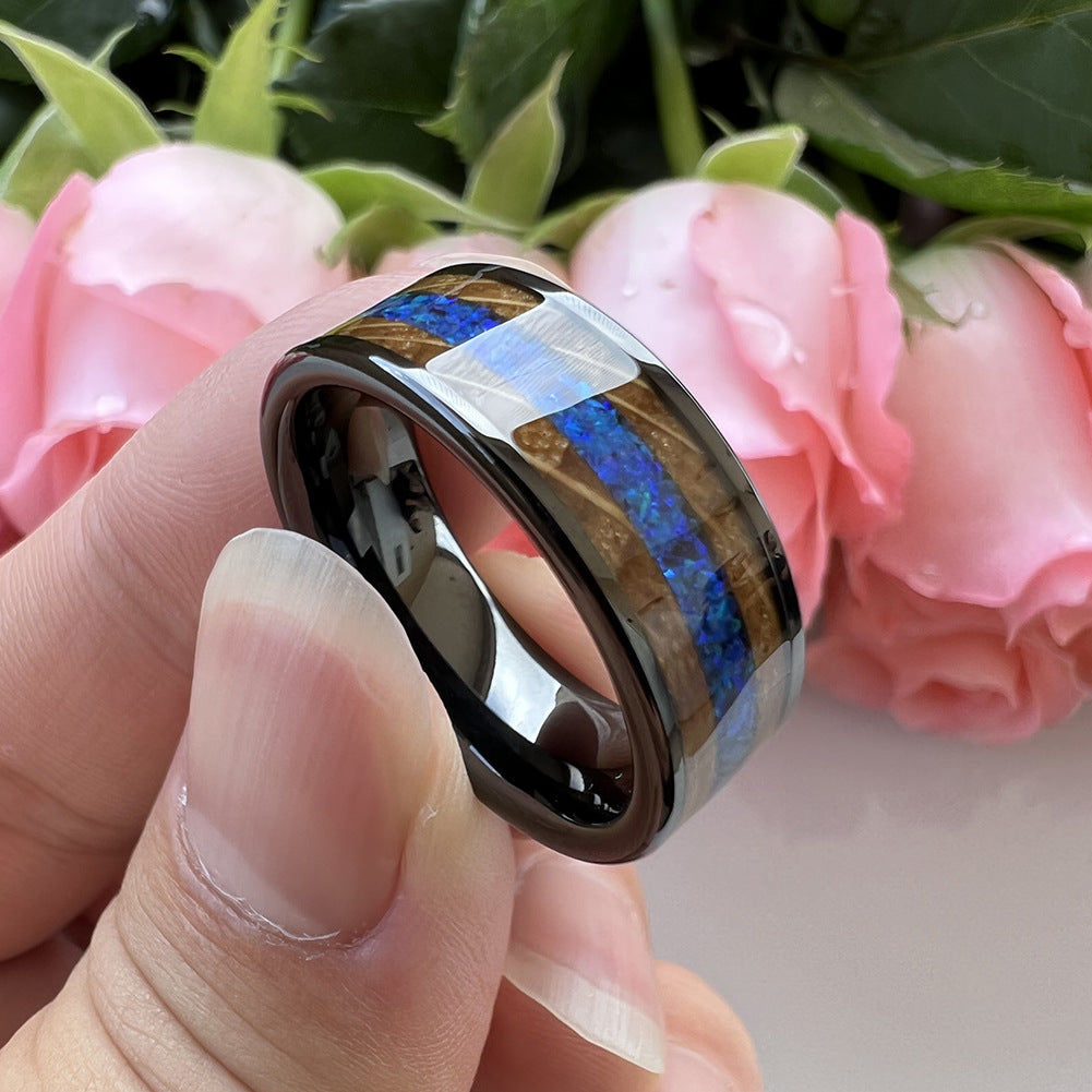 Whiskey Enchantment Ring - 8mm Black Tungsten Men's Ring with Whiskey Barrel Wood Inlay & 3A Blue Opal – Unique Wedding Band