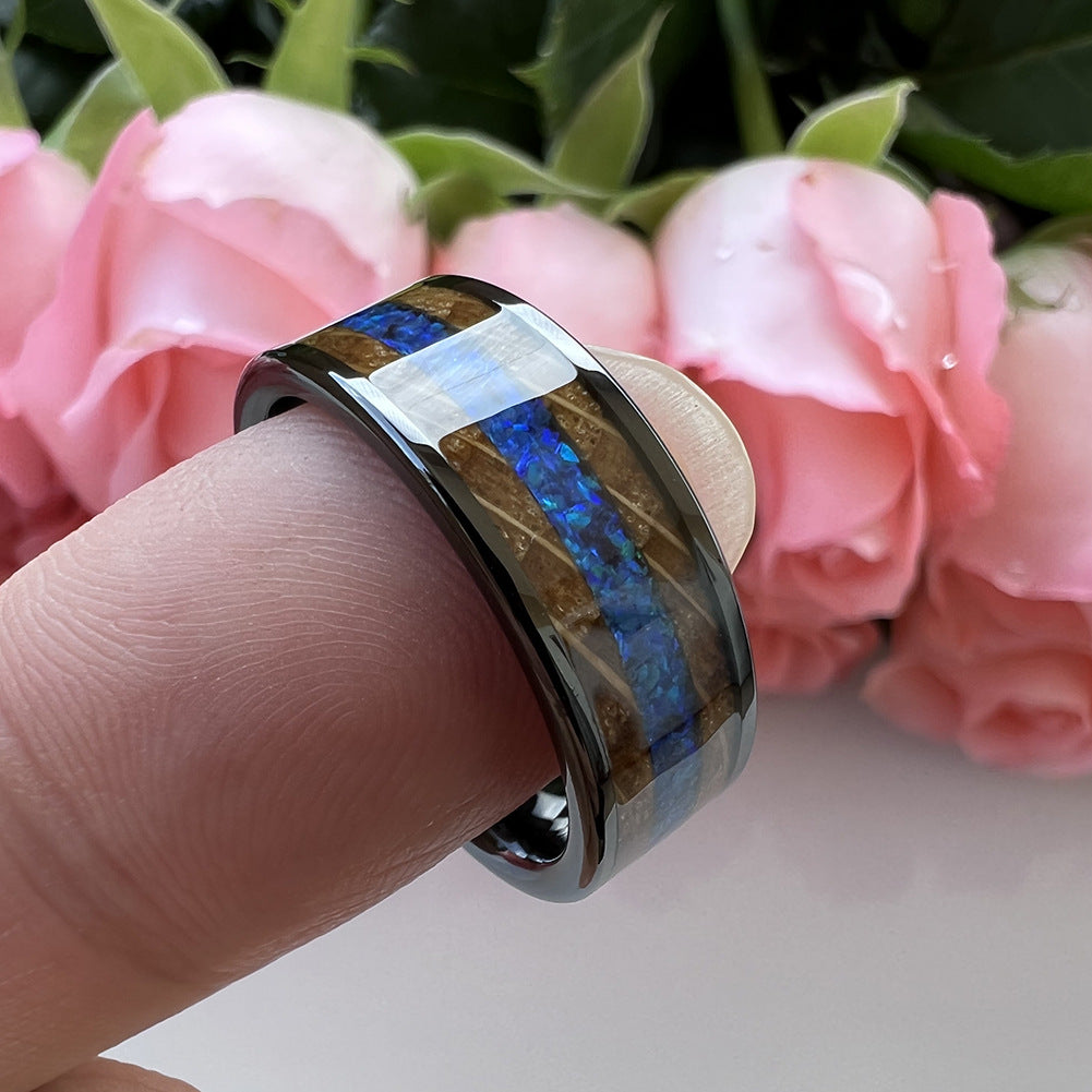 Whiskey Enchantment Ring - 8mm Black Tungsten Men's Ring with Whiskey Barrel Wood Inlay & 3A Blue Opal – Unique Wedding Band