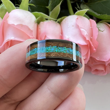 Whiskey Enchantment Ring - 8mm Black Tungsten Men's Ring with Whiskey Barrel Wood Inlay & 3A Green Opal – Unique Wedding Band