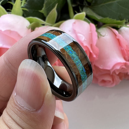 Whiskey Enchantment Ring - 8mm Black Tungsten Men's Ring with Whiskey Barrel Wood Inlay & 3A Green Opal – Unique Wedding Band