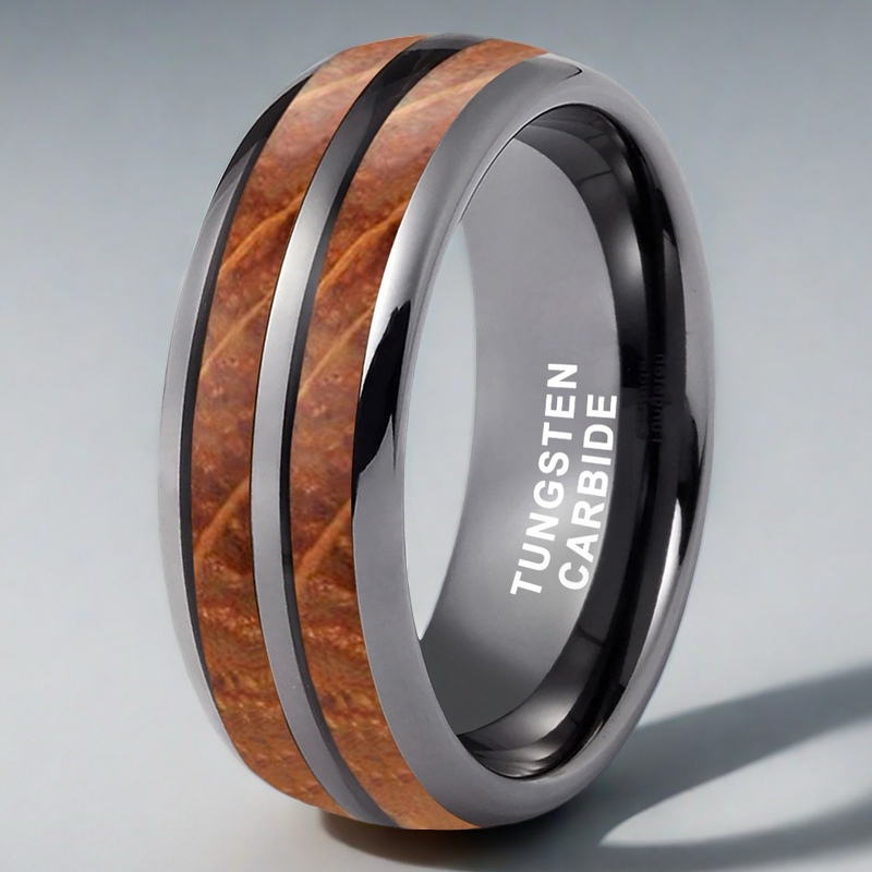 Whiskey Enchantment Ring - 8mm Gunmetal Tungsten Men's Ring with Dual Groove Whiskey Barrel Wood Inlay