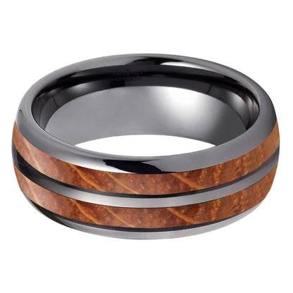 Whiskey Enchantment Ring - 8mm Gunmetal Tungsten Men's Ring with Dual Groove Whiskey Barrel Wood Inlay