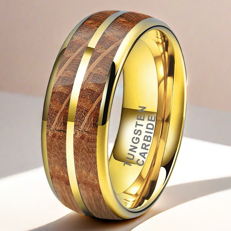 Whiskey Enchantment Ring - 8mm Tungsten Gold-Plated Men's Ring with Dual Whiskey Barrel Wood Inlay – Unique Wedding Band