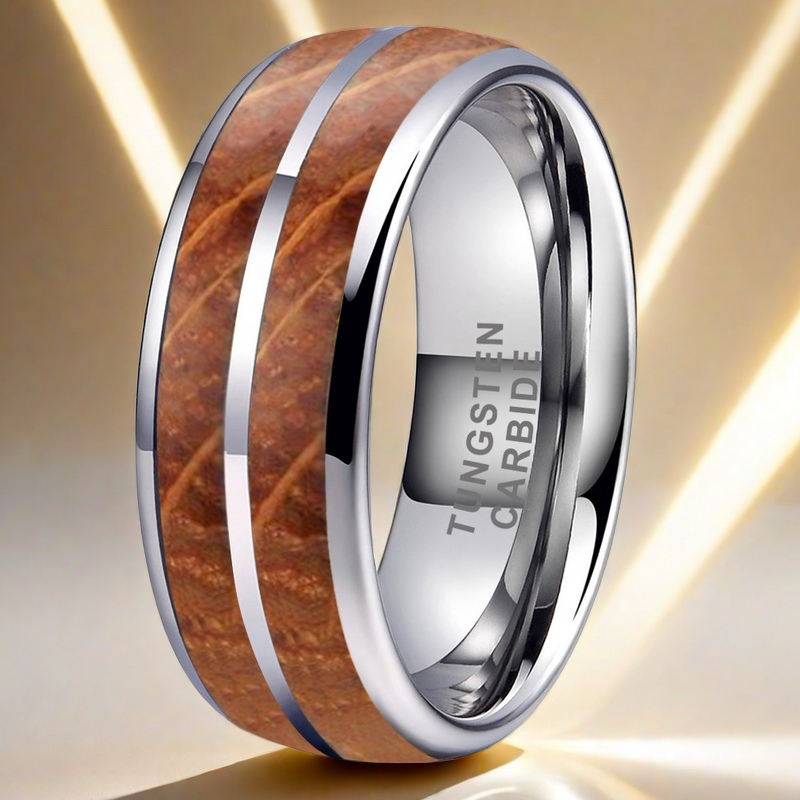 Whiskey Enchantment Ring - 8mm Platinum-Plated Tungsten Men's Ring with Double Groove Whiskey Barrel Wood Inlay – Unique Wedding Band