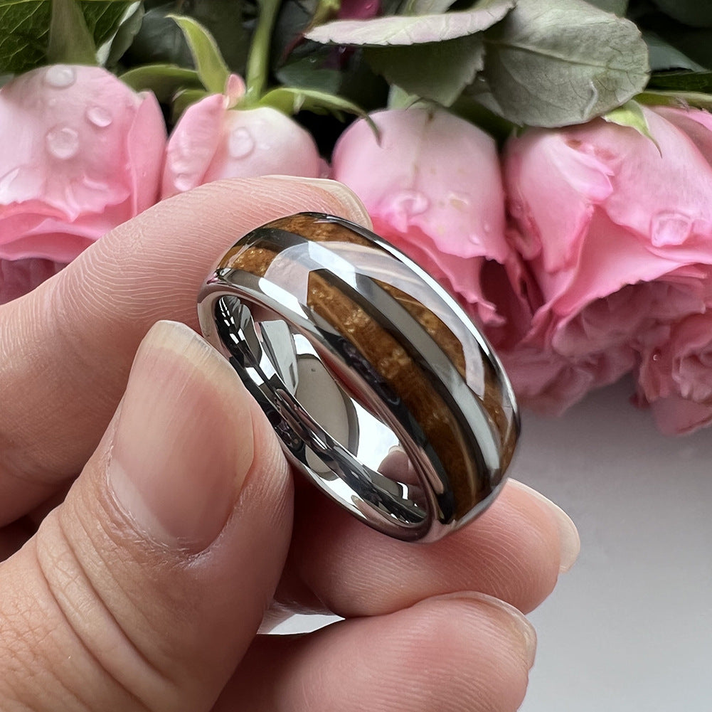 Whiskey Enchantment Ring - 8mm Platinum-Plated Tungsten Men's Ring with Double Groove Whiskey Barrel Wood Inlay – Unique Wedding Band